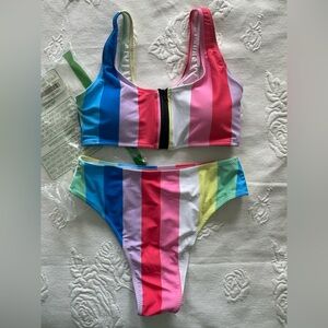NWT - Rainbow Stripe Cheeky Sports Bra Bikini - Size Small